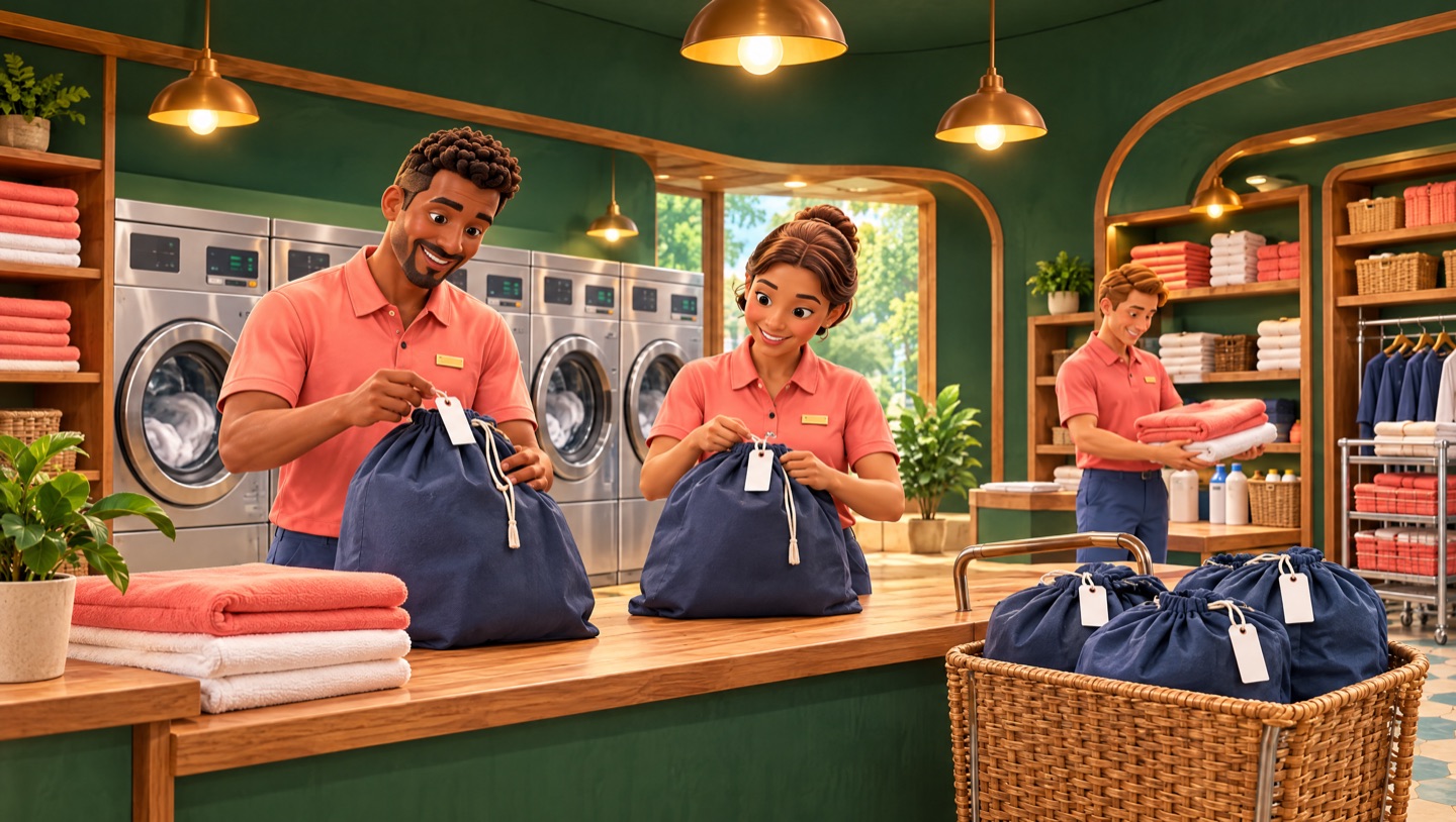 Tournament laundry staff organizing service bags and folded kit.