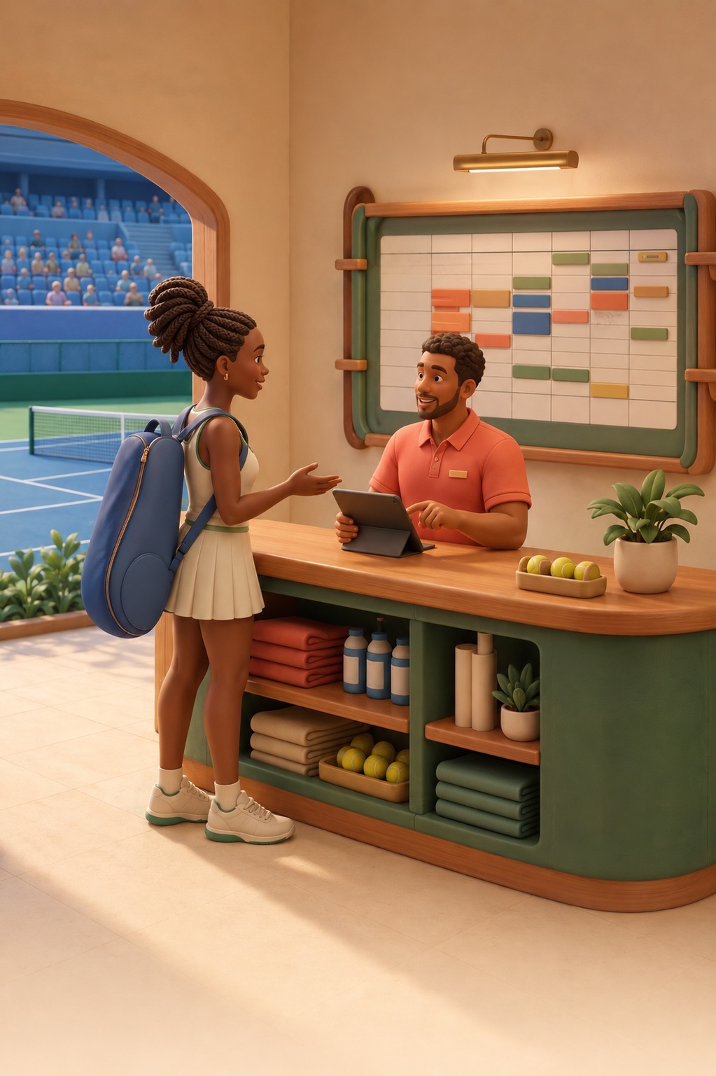 A player and practice coordinator discussing a court request.